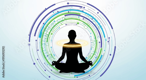 Vector meditation icon with colorful aura and concentric circles