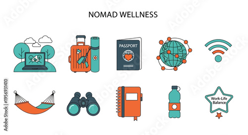 Nomad wellness travel adventure icons.
