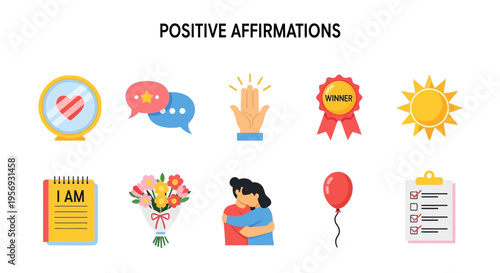 Positive Affirmations Self Care Icons Set.