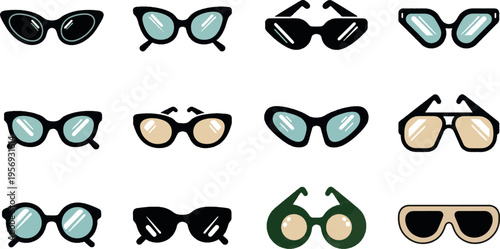 Set of stylish vintage sunglasses icons, retro fashion eyewear collection vector illustration.