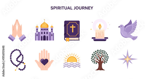 Spiritual journey symbols and icons set.