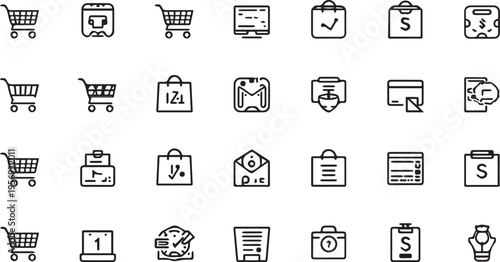 Set of linear e-commerce shopping and financial transaction icons for retail business and online payment interface