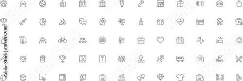 Lifestyle activity hobby vector icons set, minimal line outline symbols sports music food EPS collection pack