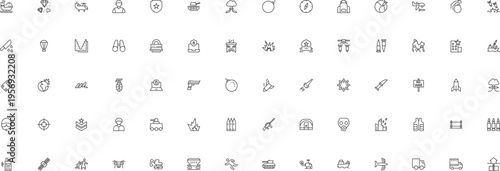 Military war defense vector icons set, minimal line outline symbols army weapons transport EPS collection pack