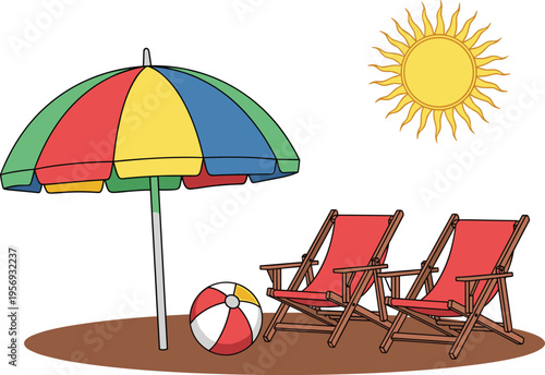 Beach umbrella with chairs and ball under sun, summer vacation seaside vector illustration isolated on white background