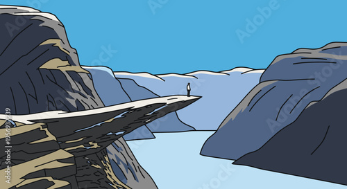 Stylized Hiker on Dramatic Cliff Overlooking Glacial Fjord