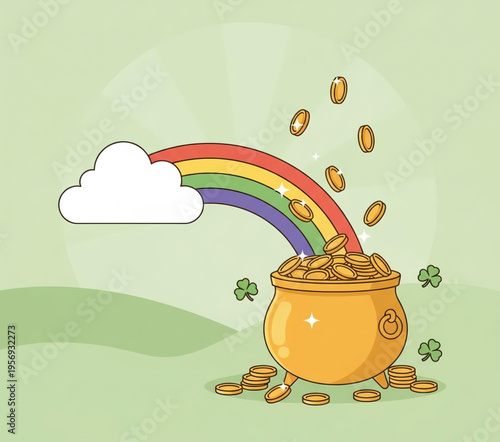 St Patrick's Day vector illustration featuring a green leprechaun hat and a pot of gold treasure at the end of a rainbow with Irish shamrock clover leaves for luck and holiday celebration