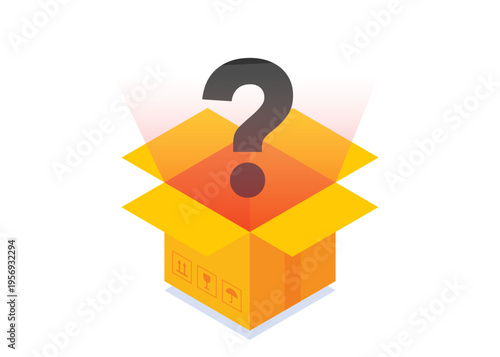 Isometric view of an open delivery package with a floating question mark inside, signifying a mystery or surprise. Stock illustration.