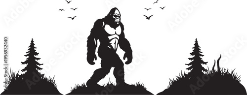 Bigfoot walking in the forest with trees and birds