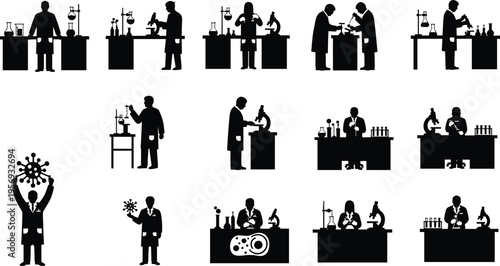 Black silhouette vector illustrations of scientists conducting laboratory experiments, using microscopes, analyzing samples, handling glassware, studying viruses, molecules, and petri dishes 