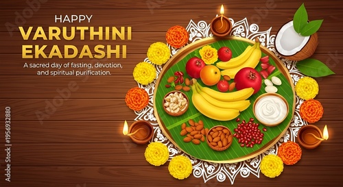 Varuthini ekadashi sacred fasting plate with fruits and indian sweets on banana leaf