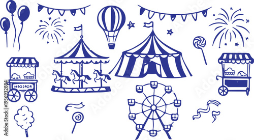 Whimsical carnival scene with rides and treats