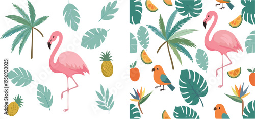 Tropical flamingo and leaves collection with palm tree pineapple exotic birds seamless pattern flat vector illustration set isolated