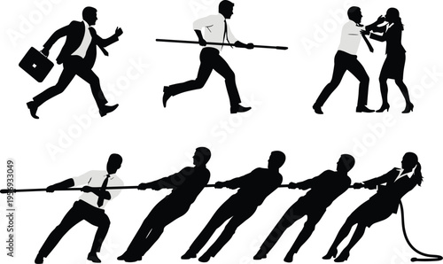 Black silhouette vector of business people running, pulling ropes, arguing, and teamwork tug‑of‑war, symbolizing urgency, conflict, effort, struggle, and collaboration