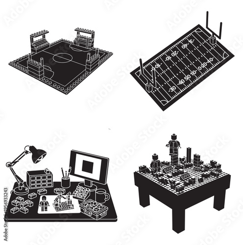 Creative construction of toy fields and building projects on a workspace.