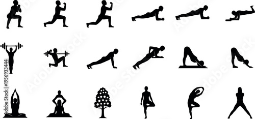 A collection of various yoga poses and exercises in black silhouette on a white background for health and wellness