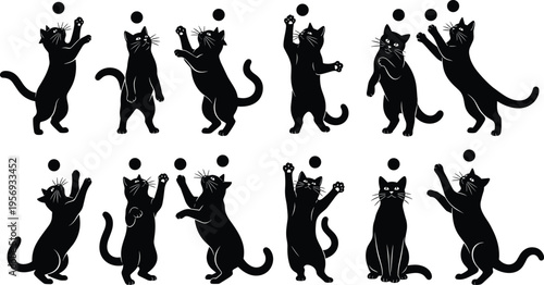 A diverse collection of black cat silhouettes in playful poses jumping and reaching for balls isolated on white background for creative animal themed graphic design.