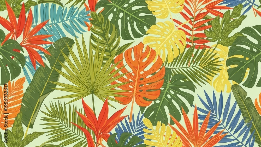 Naklejka premium A vibrant and colorful illustration of tropical leaves on a light green background