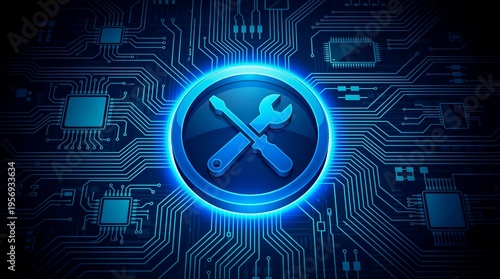 Cutting-Edge Digital Technology Circuit with Essential Service Tools and Futuristic Network Connections