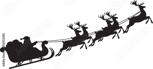 Santa Claus riding in sleigh pulled by reindeer team