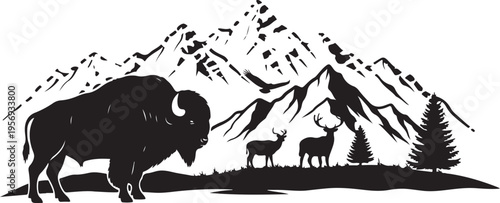 Wildlife Silhouette of Bison and Deer in Mountain Landscape