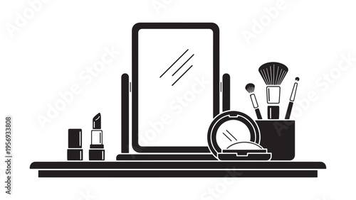 Cosmetics Vanity Table With Makeup Products And Mirror Illustration Representing Beauty Brand Marketing Personal Care Business And Influencer Content Creation Setup