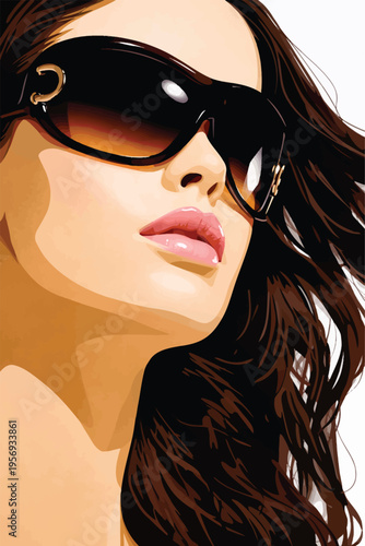 075-12-Young brunette woman posing with fashionable black sunglasses and wavy hair
