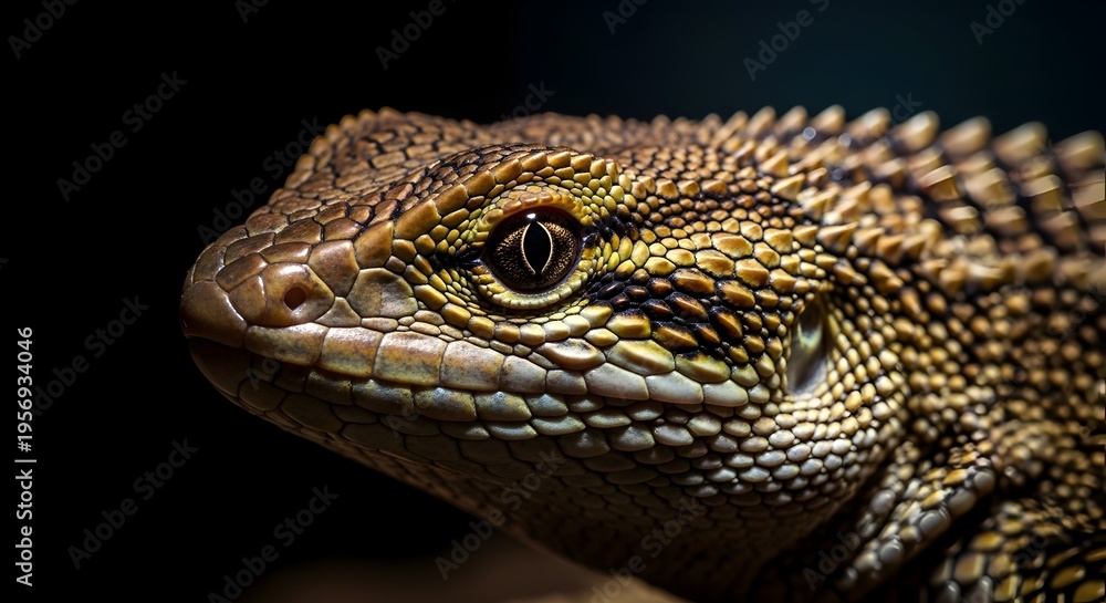 Obraz premium Detailed Lizard Close Up with Textured Scales Realistic Reptile Portrait on Dark Background Natural Wildlife Photography of a Lizard Face