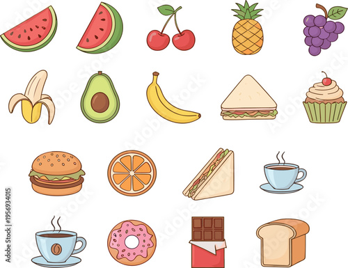 Colorful hand drawn food icon set with fruits fast food dessert coffee isolated flat vector illustration collection