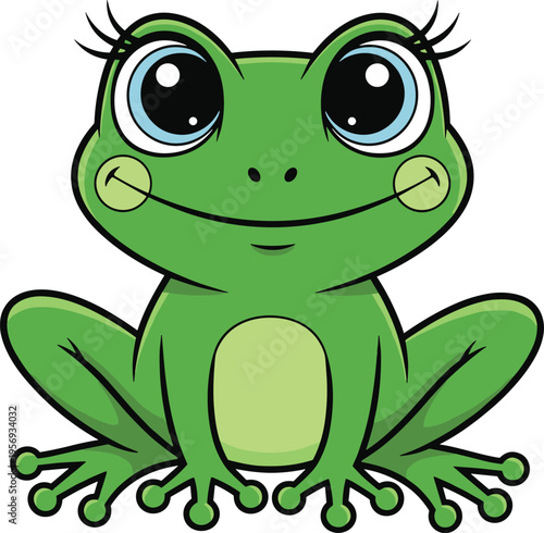 Cute cartoon frog character with big eyes sitting, adorable green amphibian mascot vector illustration isolated on white background