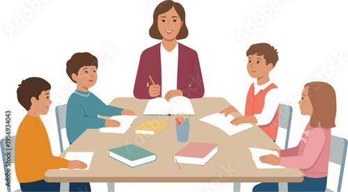 cheerful classroom study group scene teacher children sitting around table