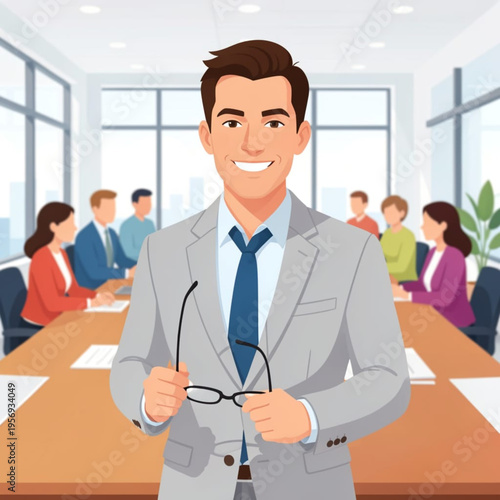 A cartoon man in a business suit holding glasses in a meeting room