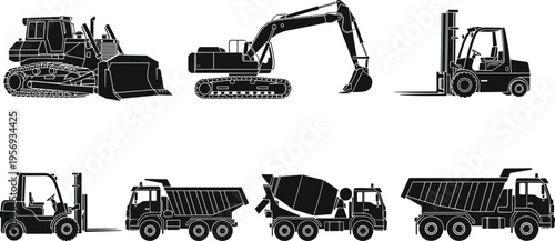 Black and white vector silhouette set of heavy construction vehicles including excavator bulldozer forklift dump truck and cement mixer isolated on white background for industry.