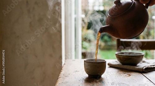 Tea Ceremony Moment: A serene moment captured as tea is poured from a traditional teapot into a ceramic cup, with steam rising gently, evoking a sense of calm and ritual.