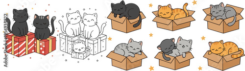 Cute kittens in gift boxes collection with sleeping cats presents and festive elements kawaii cartoon vector illustration set isolated