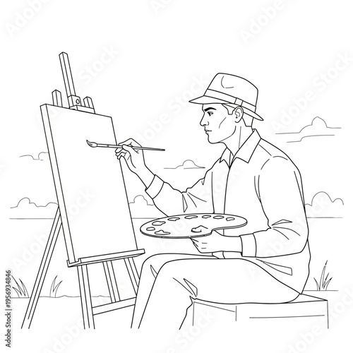 Artist painting on canvas outdoors with palette and brush, creative hobby