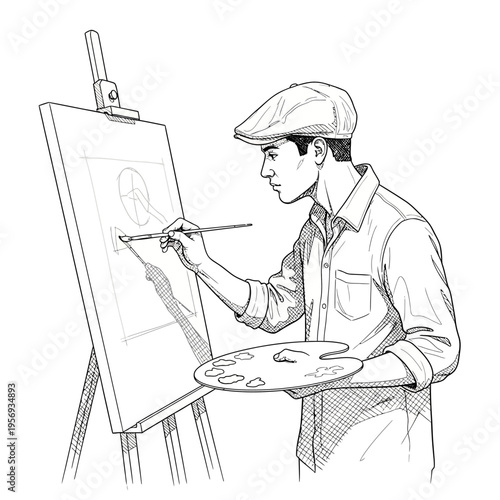 Artist painting on canvas with easel and palette, creative process, studio