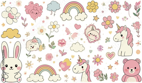 Cute kawaii nursery doodle collection with bunny unicorn rainbow flowers teddy bear and pastel elements flat vector illustration set