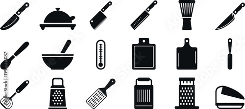 Black and white kitchen utensils tools on white background