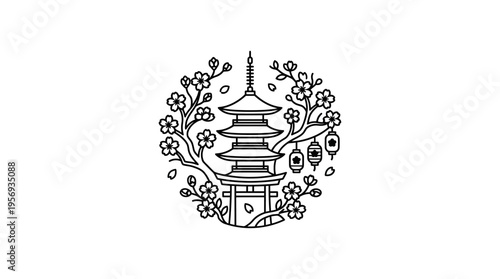 Elegant Black and White Japanese Pagoda Design