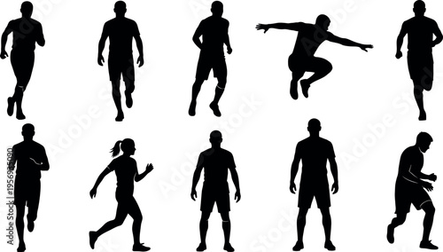 Collection of diverse human silhouettes in various dynamic poses and movements on a white background