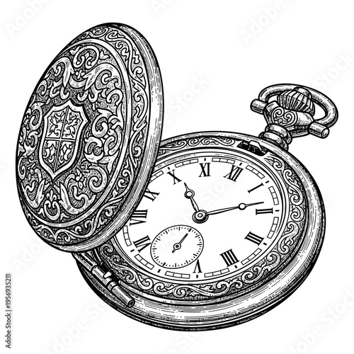 Antique Pocket Watch with Ornate Engraved Case, Vintage Timepiece Illustration