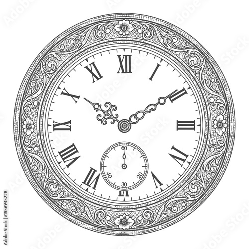 Antique pocket watch with Roman numerals and ornate engraving, vintage timekeeping illustration