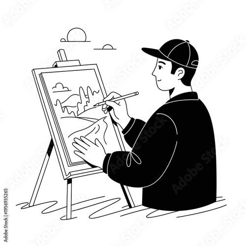 Artist painting landscape on easel outdoors, creative hobby, outdoor art creation