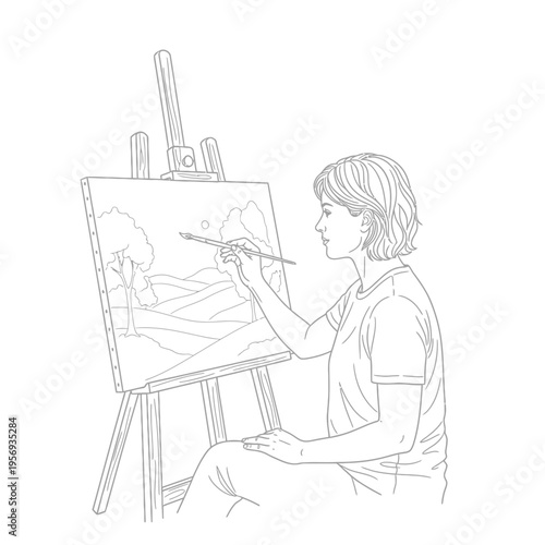 Artist painting landscape on easel, creative hobby, outdoor scene