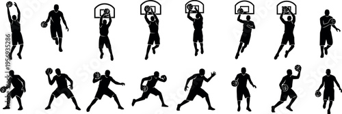 A series of black silhouettes depicting various basketball players in action poses