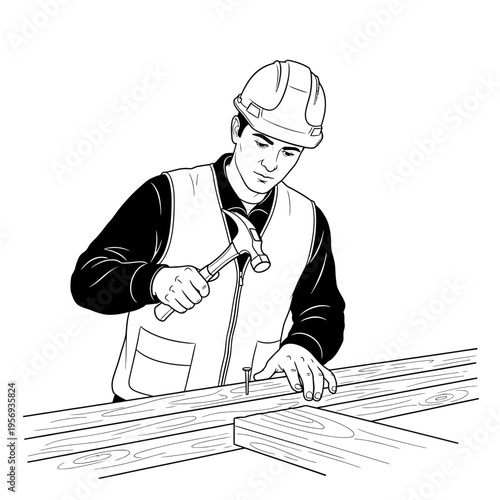 Construction worker hammering nail into wooden plank, wearing hard hat and safety vest