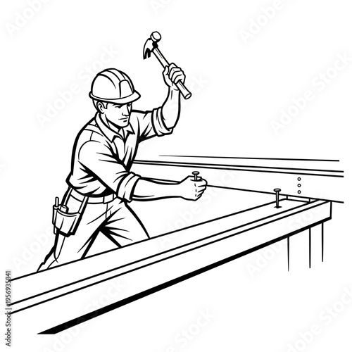 Construction worker hammering nails into wooden beams on a building site
