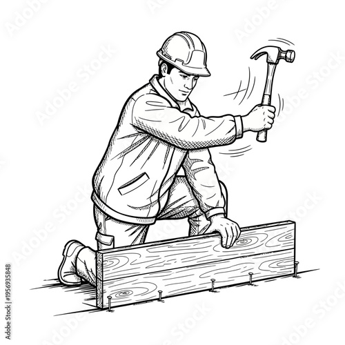 Construction worker hammering nails into wooden plank, safety helmet, kneeling on floor