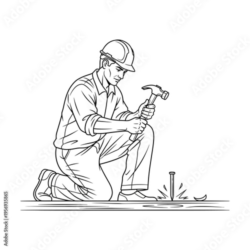 Construction worker hammering nails on a wooden surface, skilled labor, DIY project